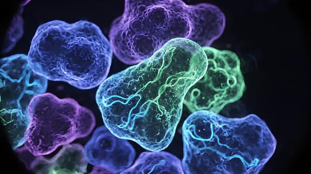 Microscopic View of Glowing Cells Undergoing Division.