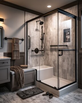 Accessible bathroom with roll-in shower, grab bars, and bench