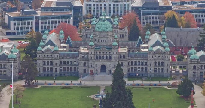 Aerial view of BC Legislative Parliament Building near harbor in Victoria, British Columbia, Canada