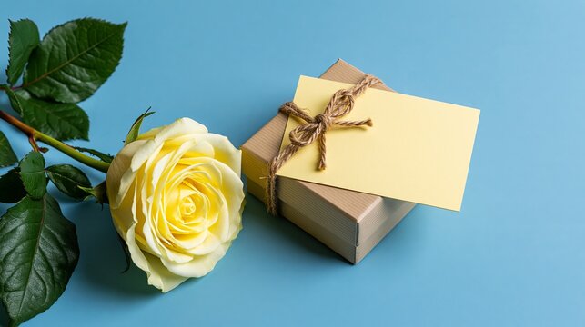Beautiful yellow rose flower resting beside a small gift box with a blank greeting card