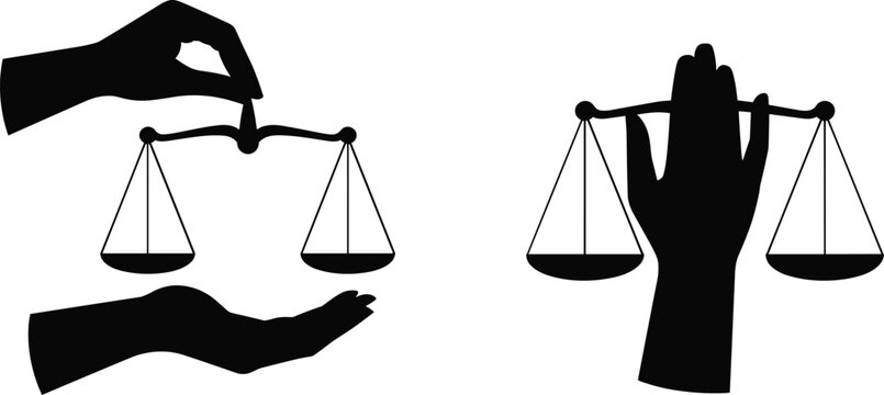 Justice balance hand symbols, legal equality concept illustration, courtroom law scale vector icon design