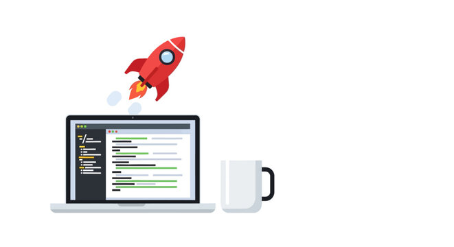 A red rocket launching from a laptop screen showing computer code