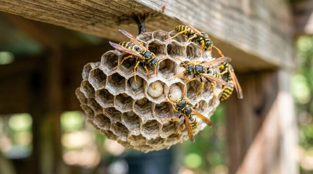 Close-up of a wasp nest with several wasps crawling on it.