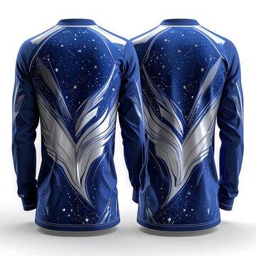 Blue denim jacket with white stitching details.