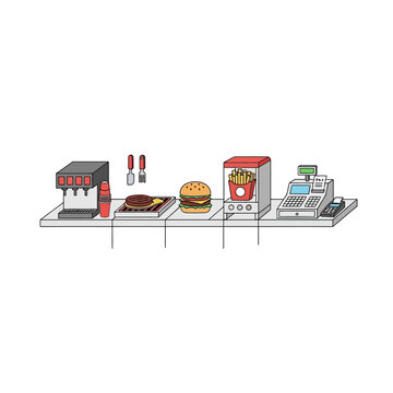 A digital illustration of a fast food restaurant counter with various equipment