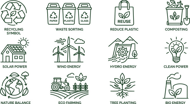 Green sustainability and environmental protection flat icon set eco friendly energy and zero waste badges vector
