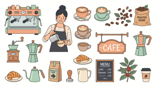 Coffee shop illustration with barista, brewing equipment, drinks and baked goods