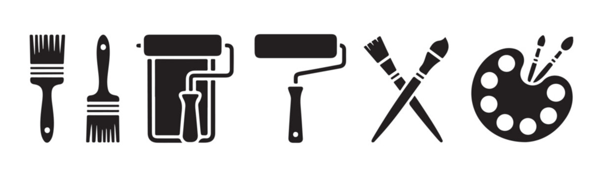 Paint brush and roller icons set for home renovation house repair artist tools equipment design.
