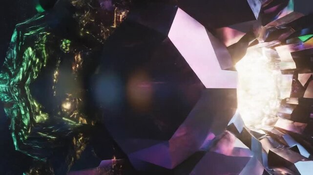 Abstract geometric crystal formation glowing with vibrant iridescent light and dark shadowy depths