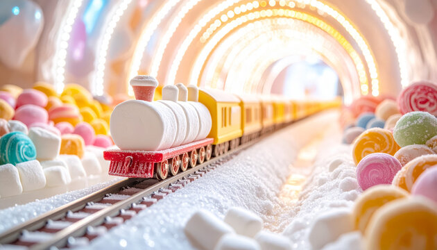 Whimsical Marshmallow Train Travels Through a Sugary Tunnel Amidst Sparkling Lights and Snow