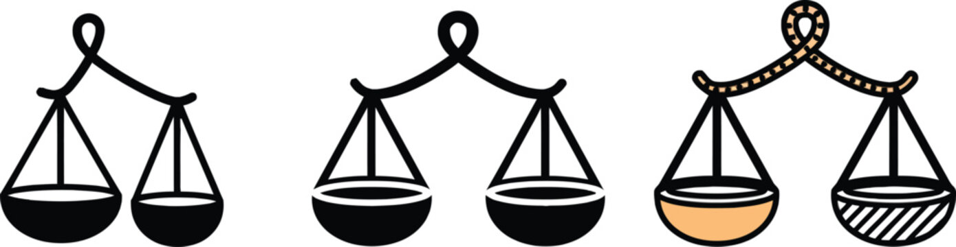 Three balance scales showing equal and unequal weights with different objects on trays Vector