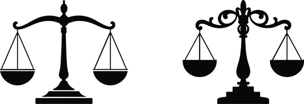 Justice balance scale icons, legal equality symbol collection, courtroom law emblem vector illustration design