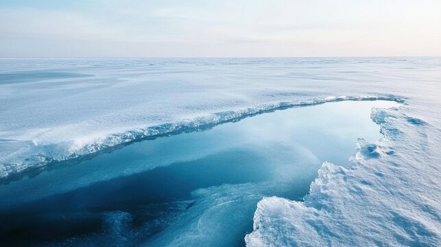 precarious. Mirror-like ice surface reflecting sky, dark water visible beneath crack. travel magazines, destination branding, designed for outdoor magazines and nature guides, used by travel agents.