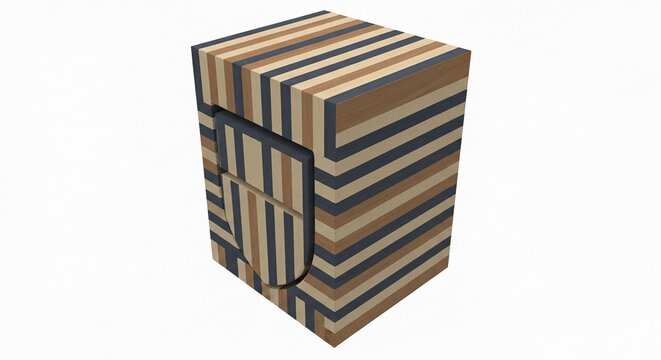 Abstract geometric 3D render of a cube with a striped pattern of warm brown, beige, and dark blue bands arranged in a zig-zag chevron design on a white background.