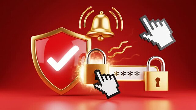 Digital security shield bell padlock cursor and password concept