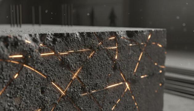 Hyper-realistic macro of futuristic smart concrete building material with glowing fiber-optic sensors and industrial texture for advanced infrastructure technology
