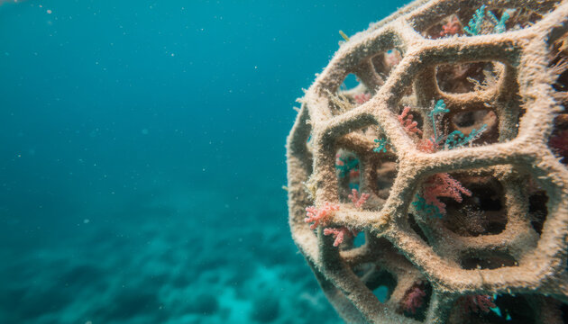 Cinematic underwater macro photograph of a 3D-printed synthetic reef module with growing coral polyps and copy space in teal ocean
