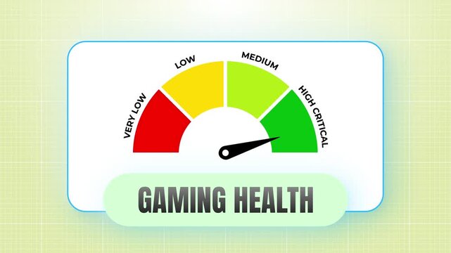 Gaming Health indicator gauge animation featuring bright digital lighting, red to green colored sections over sleek quartz stone, 4k video