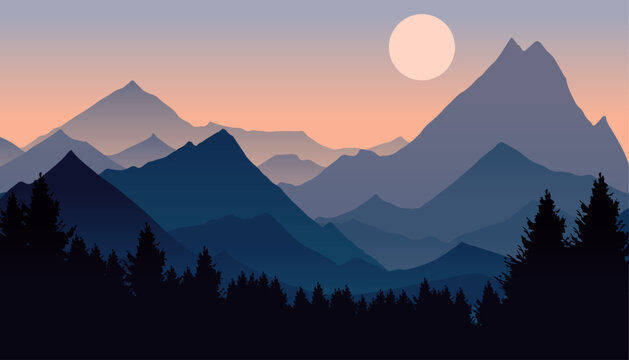 Minimalist mountain landscape vector, serene blue mountain range at sunset, flat design nature background with pine forest silhouette and sun