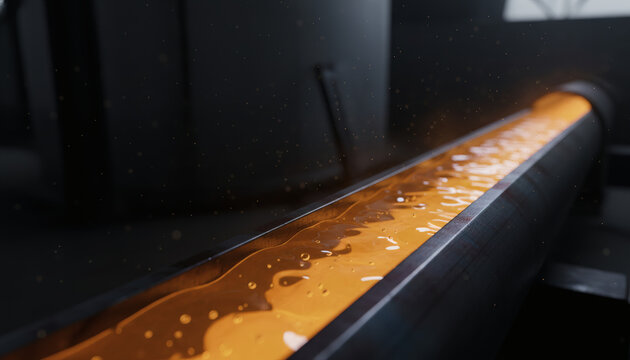 Extreme macro of glowing molten salt flowing through an industrial conduit for concentrated solar power thermal storage energy system
