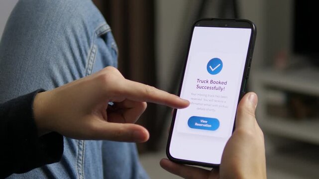 Viewing a Truck Booked Successfully confirmation on a smartphone. The screen displays a blue checkmark and a View Reservation button. Perfect for moving apps, logistics, and rental service visuals.