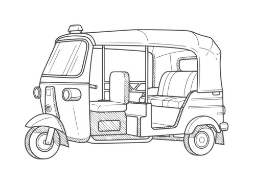 Black and white of a three-wheeled auto rickshaw with a canvas vehicle transport