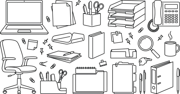 Office supplies and workspace workspace outline icon set with laptop chair notebook pen holder organizer document folder vector