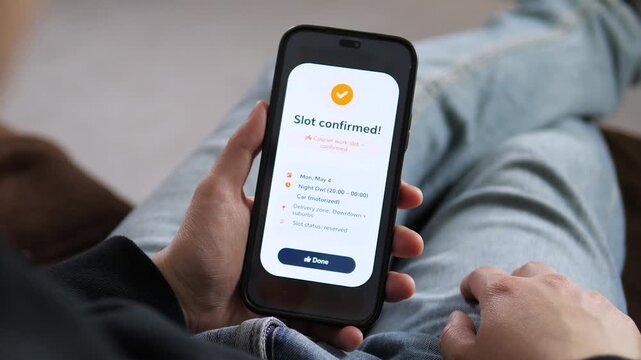 Booking a courier work slot on a smartphone. The user selects a date, a Night Owl time slot, and confirms the reservation. Perfect for delivery apps, logistics platforms, and gig economy visuals.