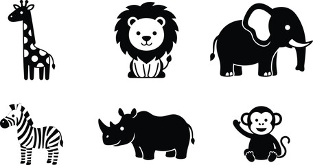 Set of six black and white wild animals standing and smiling cartoon style Vector © MstSabrina