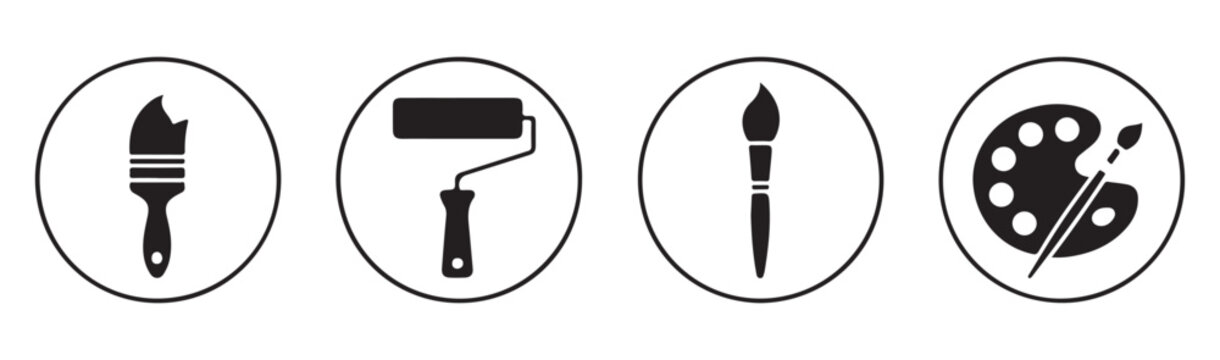 Circular artistic icons set featuring painting tools brush roller and palette with paint brush.