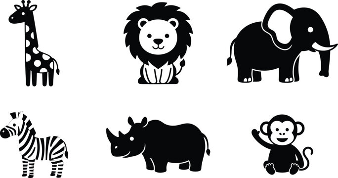 Set of six black and white wild animals standing and smiling cartoon style Vector