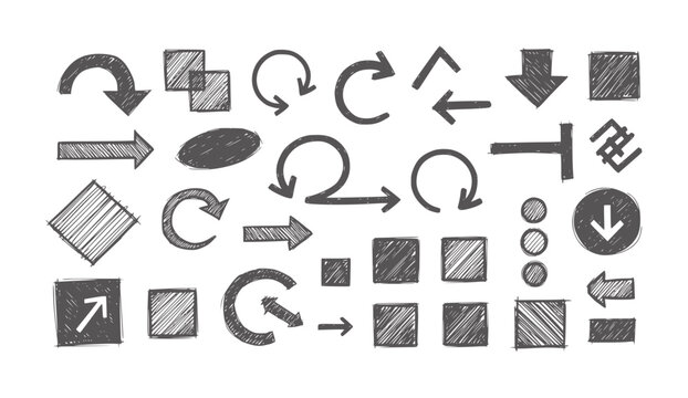 Collection of hand drawn dark gray arrows and squares white circle oval