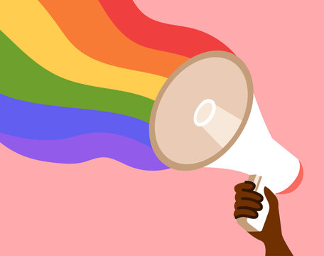 Vector cartoon illustration of an African American person hand holding a megaphone spreading an LGBTQ rainbow pride message isolated on white background. Equality and activism concept