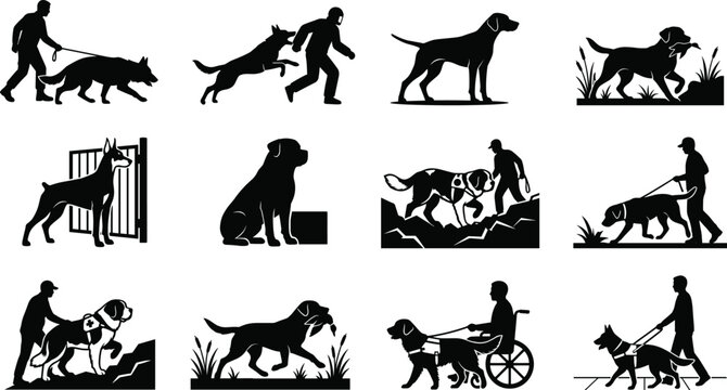 Working Dogs And Service Animal Silhouettes Collection Featuring Police Rescue Hunting Guide And Assistance Dog Activities