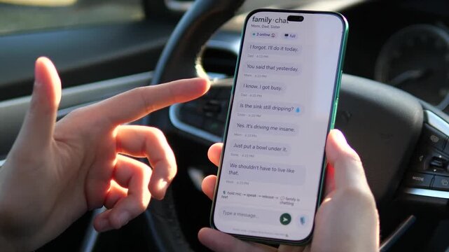 Stay connected anywhere. Realistic family chat on a smartphone inside a modern car. Relatable dialogue about home maintenance and plumbing. Perfect for lifestyle commercials, mobile app promos, and