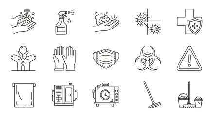 Fototapeta premium Hygiene and Sanitation Icons: Cleaning, Protection, and Health Measures Set