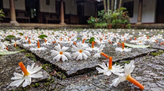 Fallen Parijat Flowers Coral Jasmine Pavizhamalli on Traditional Stone Courtyard Floor, Night Flowering Jasmine Blossom Background