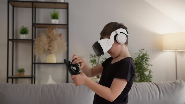 Young person wearing VR headset and holding controller in living room, engaging with virtual reality experience. The dynamic scene conveys immersion, playfulness and the futuristic joy of digital