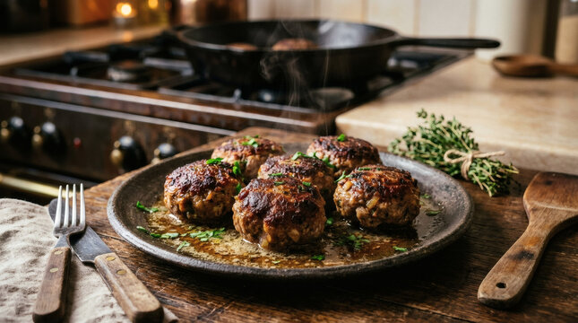 Danish Frikadeller Meatballs Served Fresh on Ceramic Plate in Farmhouse Kitchen