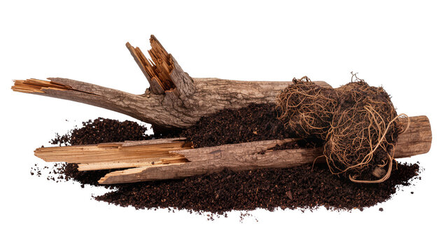Broken wood branches and root balls with dark soil