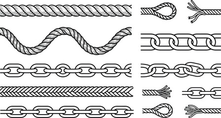 Seamless rope and metal chain borders bundle with frayed ends knots waves and straight black line art vector brushes © MD