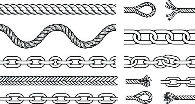 Seamless rope and metal chain borders bundle with frayed ends knots waves and straight black line art vector brushes