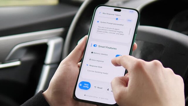 Customizing a smart AI agent advisor inside a vehicle. Footage captures detailed intelligence tuning and prompt settings. Ideal for business automation, AI tech reviews, and mobile app UI, UX