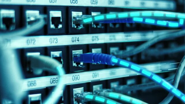 Optical cable circuit data transmission, close-up of network patch panels with numbered ports, connected to glowing blue Ethernet cables that transmit data signals in a high-tech server environment.