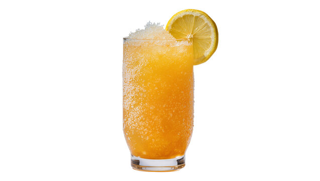 Orange slushy drink with lemon slice and ice