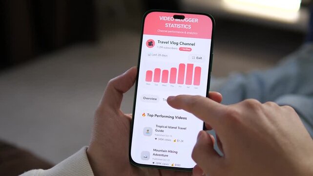 User scrolling through video blogger statistics on a smartphone. Sequence features channel performance, top videos, and revenue breakdown. Perfect for tutorials on social media success, influencer