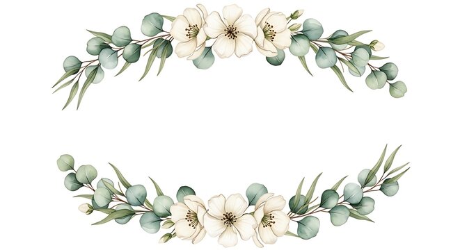 Watercolor white peony flower horizontal double border frame background
