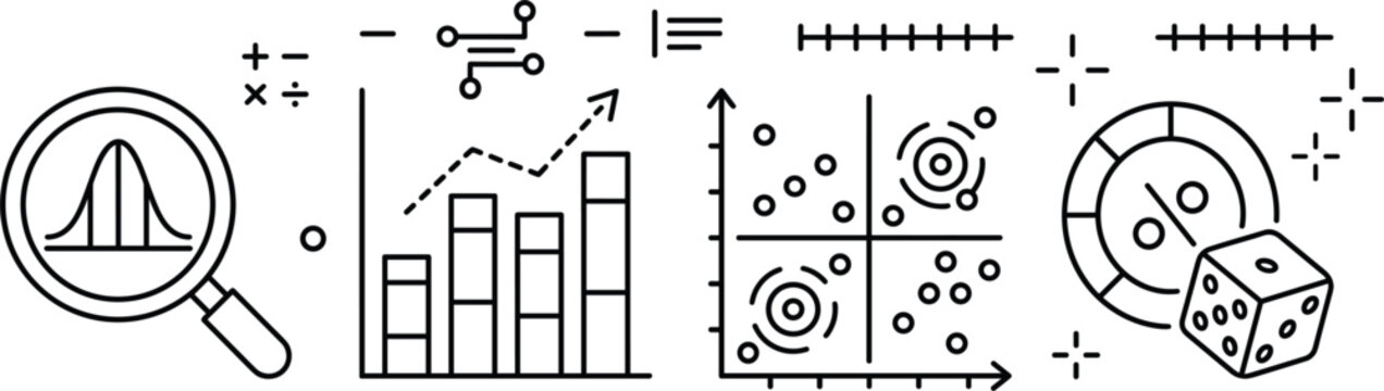 Statistical analysis probability theory and data analytics line icon set for mathematical modeling research and business forecasting solutions
