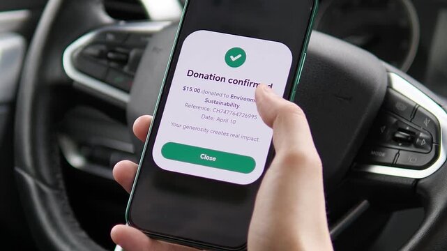 Confirming a 15.00 dollars donation to Environmental Sustainability on a smartphone. The screen displays a green checkmark and a "Close" button. Perfect for charity apps, micro-donations, and eco