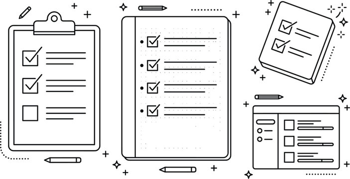 Task checklist and survey document outline icon set with clipboard questionnaire survey quiz and notebook vector illustration